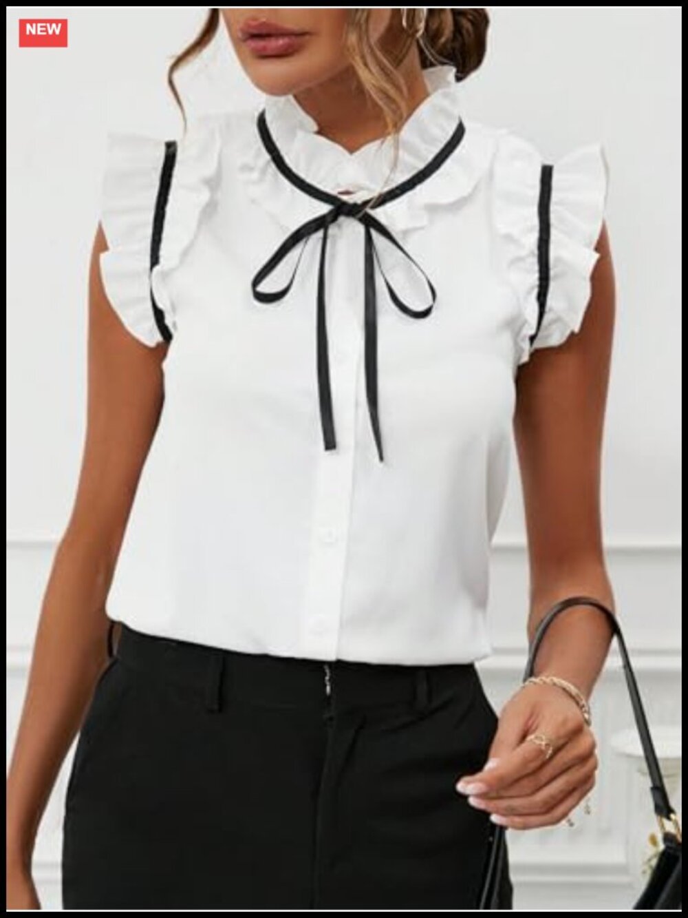 Women's Bow Tie Neck Ruffle Blouse Mock Neck Cap Sleeve Office Business Top - Picture 4 of 6